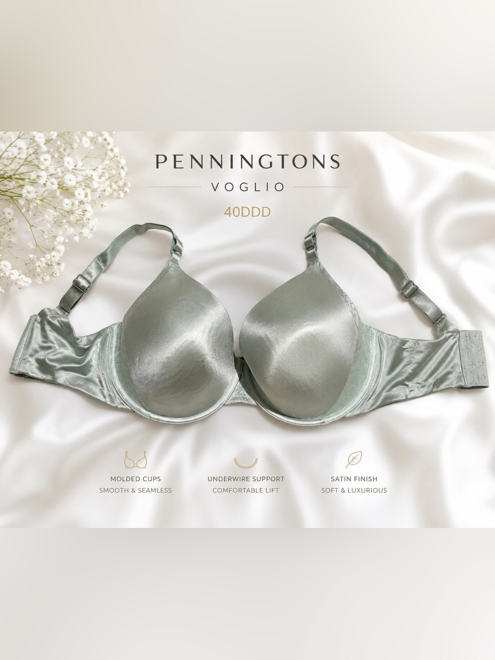 Voglio by Penningtons Satin Molded Underwire Bra Sage Green 40DDD